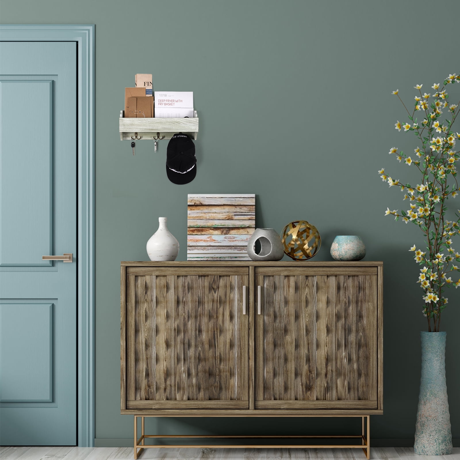 Oumilen Wall-Mounted Wooden Key Rack with 3 Double Key Hooks, Suitable for Entrance, Olive Green