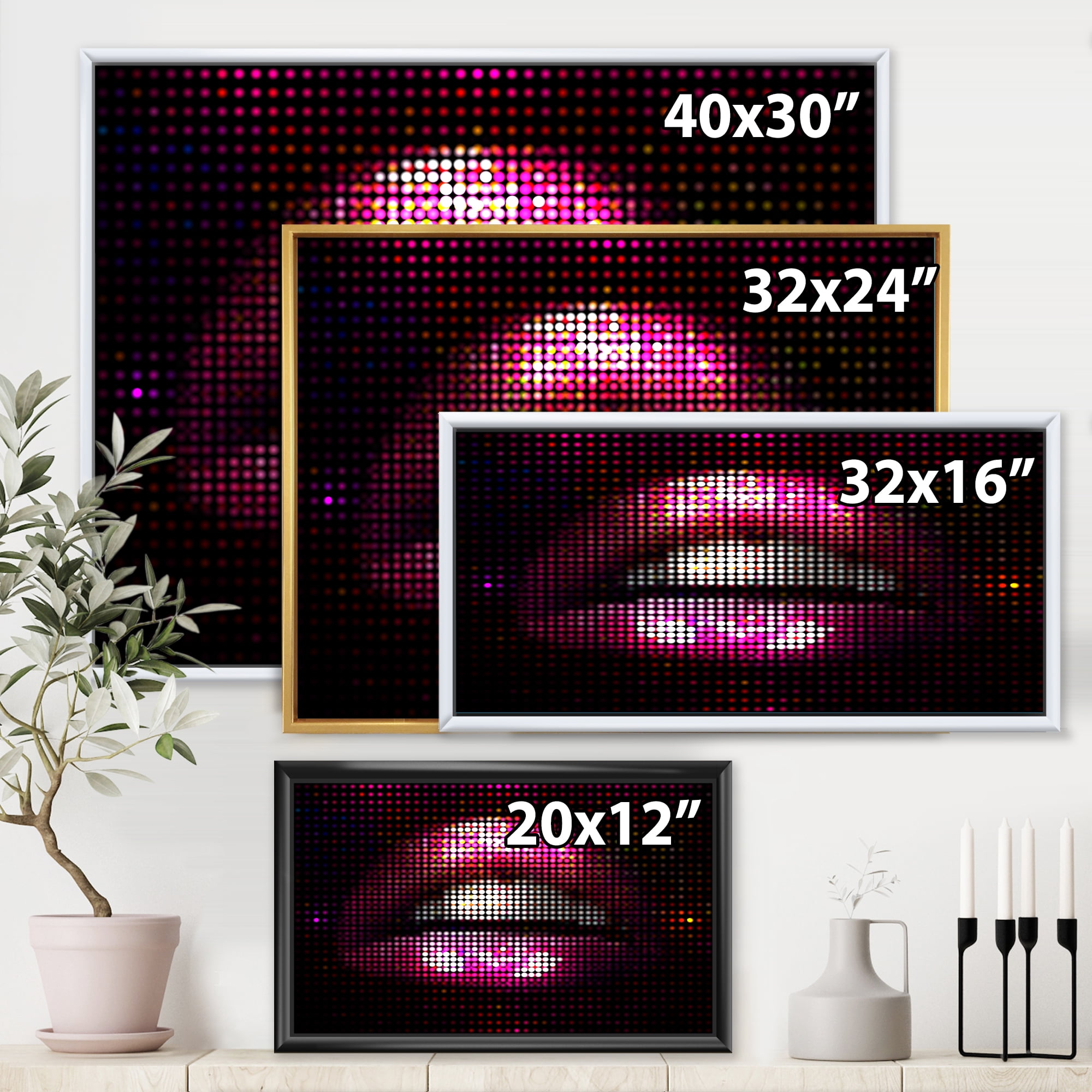 Detail Of Pixellated Pink Woman Lips 32 in x 16 in Framed Photography Canvas Art Print, by Designart