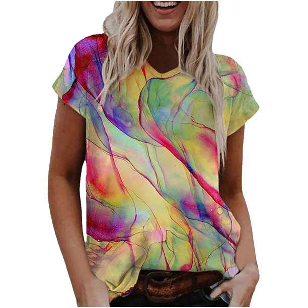 Blusa holgada de manga corta con cuello en V y estampado a la moda para mujer Pompotops hkajfhjk464250