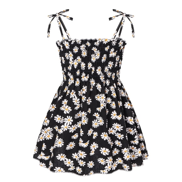 XIMIN Robe d'Été pour Tout-Petites Filles, Imprimé Floral, Smockée, Épaules à Nouer, Sans Manches, Fluide, Robe de Plage pour Vacances, Fête, Quotidien (Noir, 1-2 Ans)