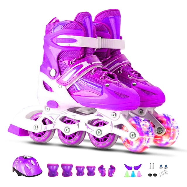 Patins en Ligne Ajustables pour Enfants Ensemble de Patins à Roulettes Lumineux avec Casque Équipement de Protection Clé de Barrière pour Garçons Filles Débutants Extérieur et Intérieur
