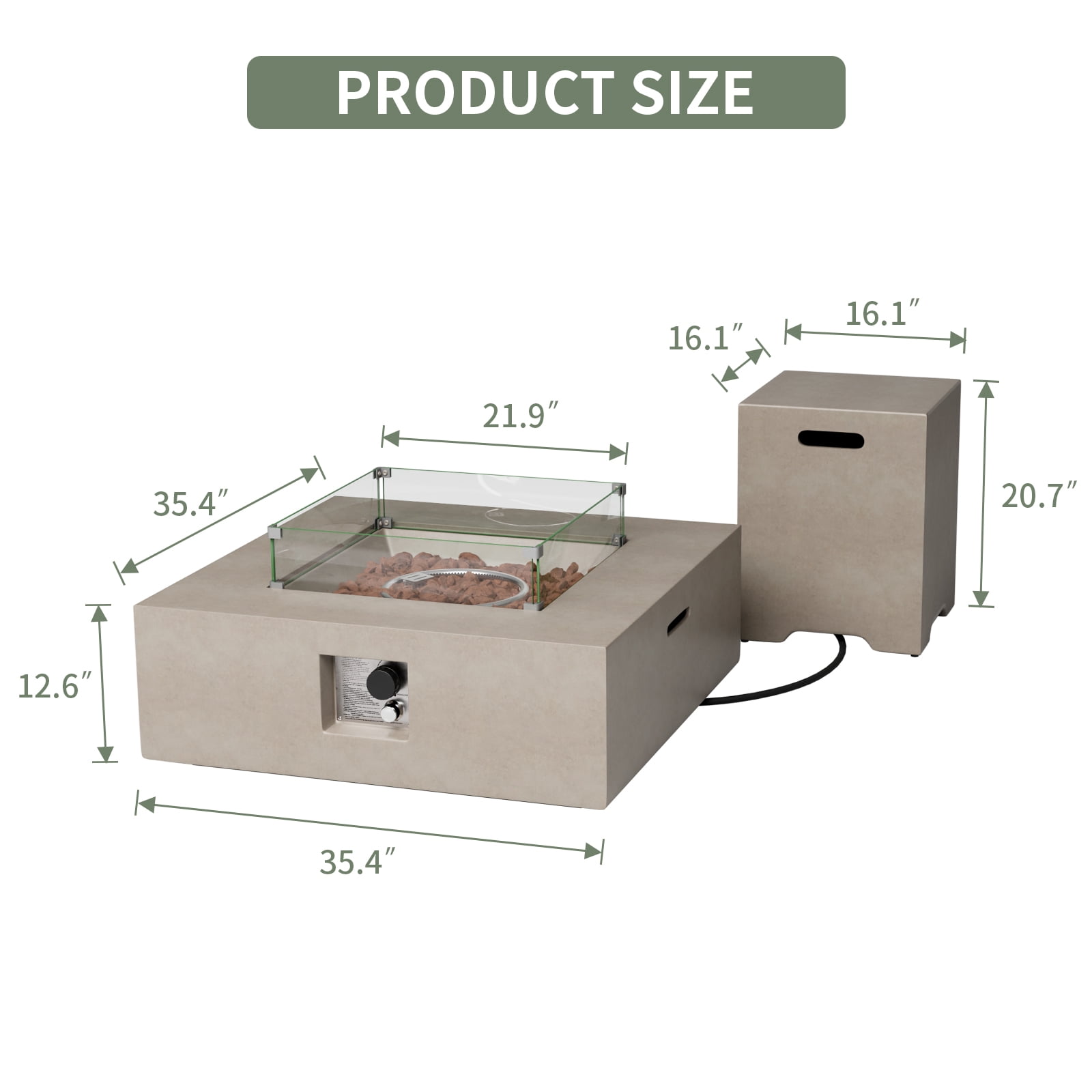 VENTOPYR 35''Outdoor Square Propane Fire Pit Table with Tank and Wind Guard