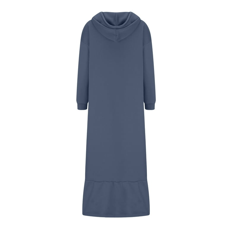 Long Hoodie Dress for Women, Comfy Cotton Fleece Ruffle Hem Full Sleeve Hooded  Sweatshirt Sweater Plain Maxi Dress (X-Large, Blue) 