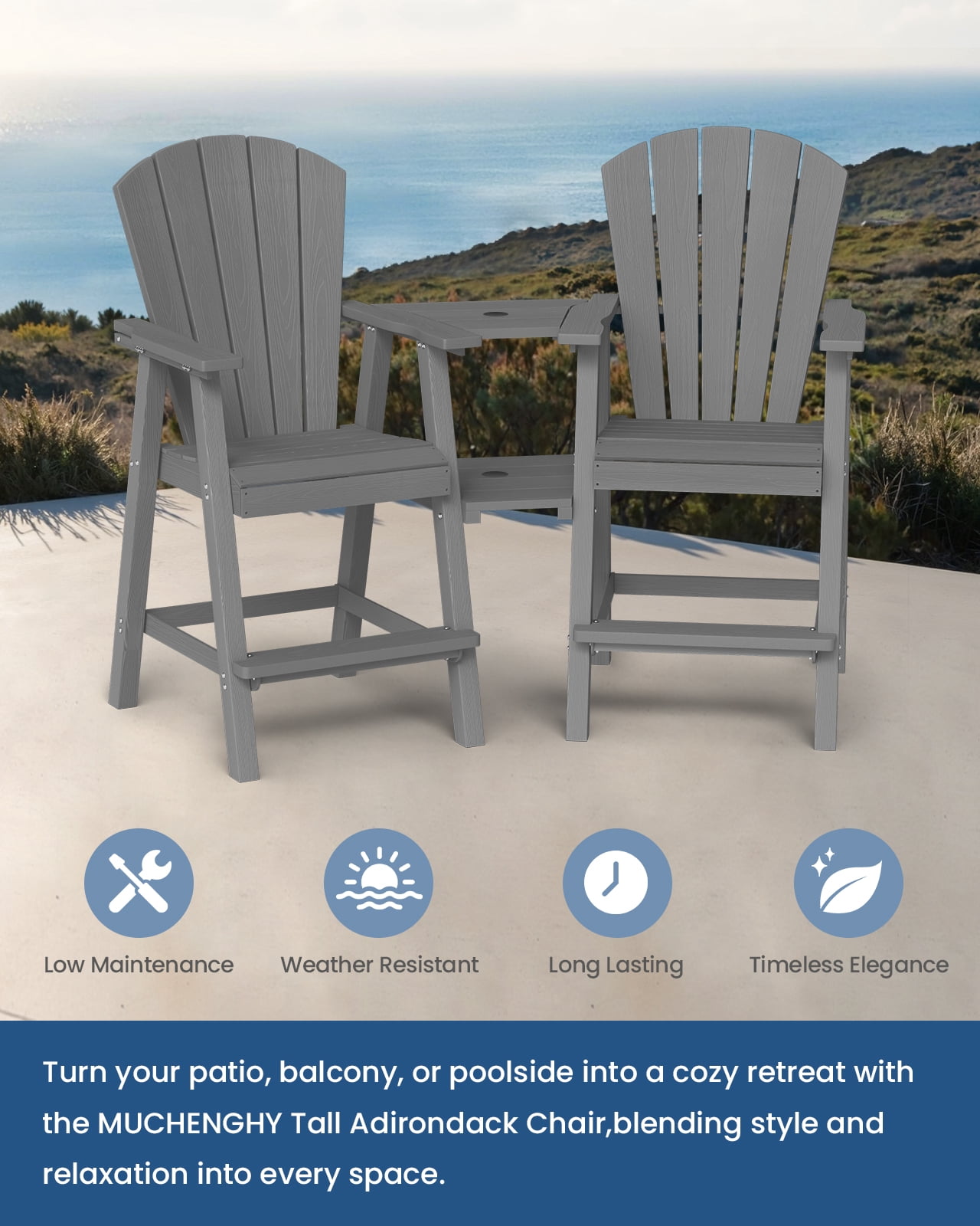CIOKEA Tall Adirondack Chair Set of 2, All Weather HDPE Patio Chairs with Double Removable Connecting Trays for Balcony, Deck, Backyard, Patio, Garden, Gray