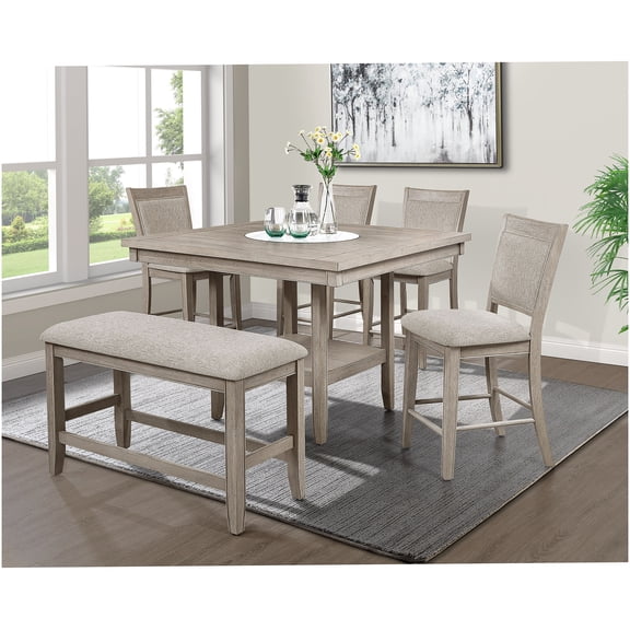 6-Piece Counter Height Dining Set with Faux Marble Lazy Susan, Farmhouse Style Table, Upholstered Chairs and Bench, Tan/Beige Gray Finish