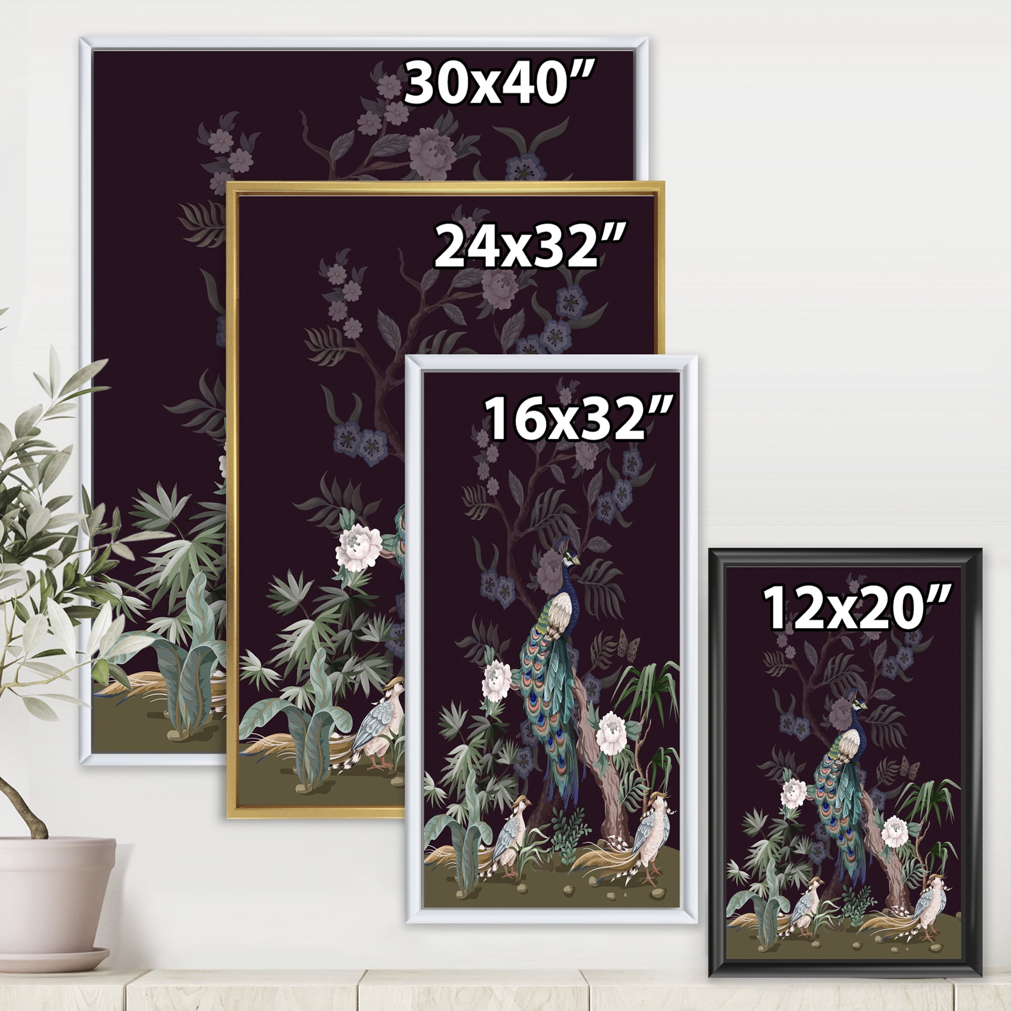 Designart 'Chinoiserie With Peonies and Birds V' Traditional Framed Canvas Wall Art Print