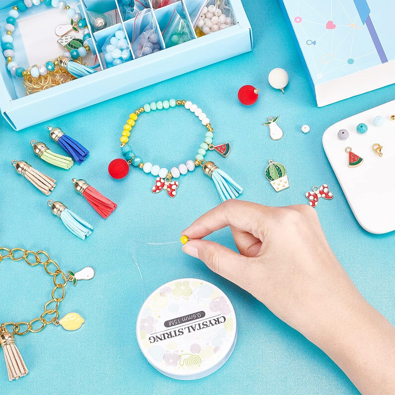 1 Box Enamel Fruit Charms Faceted Glass Beads Bulk Cable Chain Beading Bracelet Making Kit Rondelle Glass Bead Suede Tassels for Jewelry Making Elastic Thread Necklace Supplies Beginners Multi-color