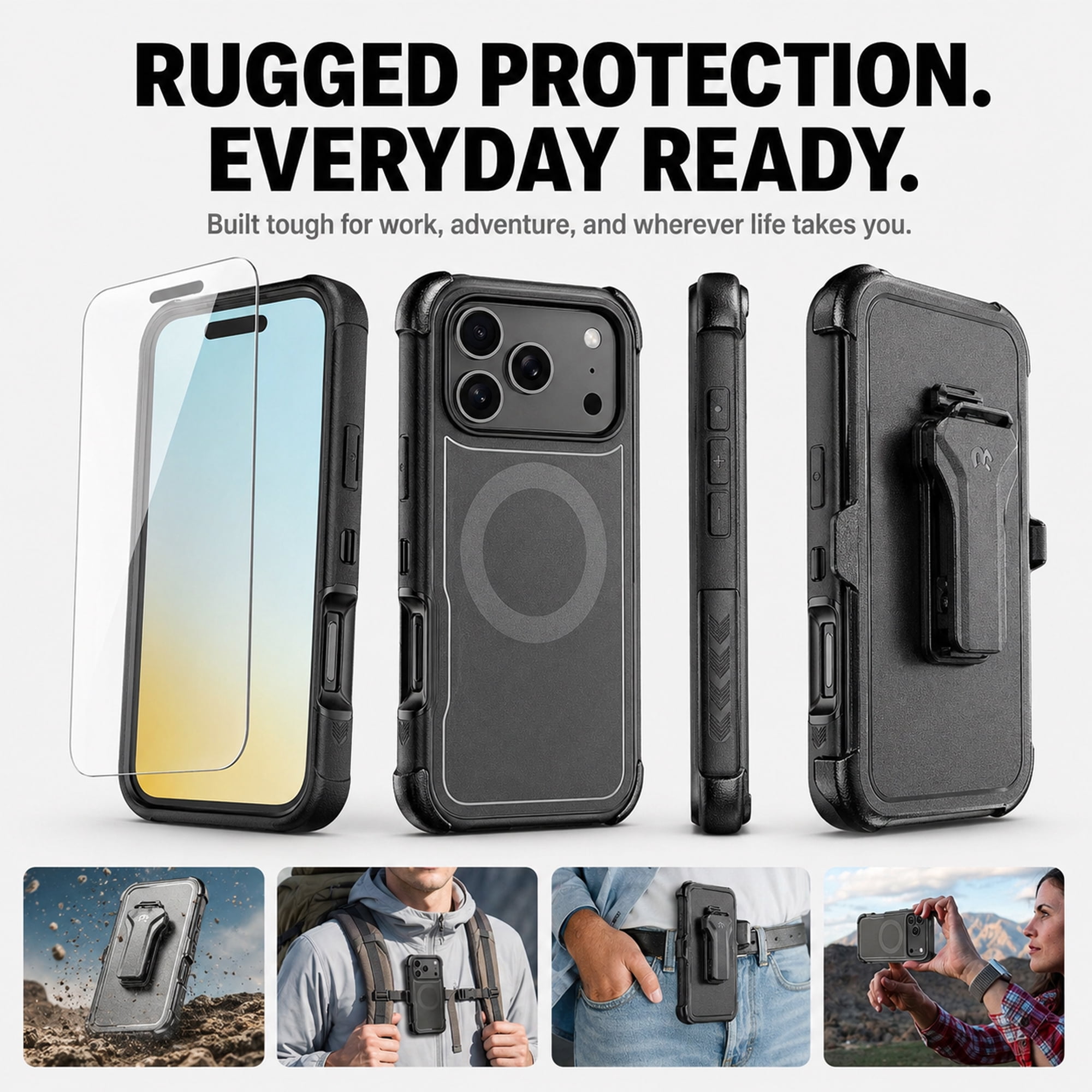 Hybrid Rugged Case with Detachable Belt Clip Holster and Tempered Glass Screen Protector, Magnetic Charging-Compatible, Black, Compatible with iPhone 17 Pro Max