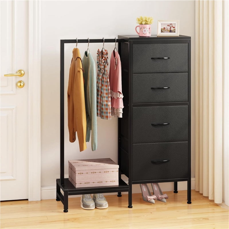 Simenmax 4-in-1 Storage Tower with Clothes Rack, Tall Garment Rack with Shoe Shelf and Bag Hook, Heavy Duty Organizer for Bedroom Entryway Living Room, Black