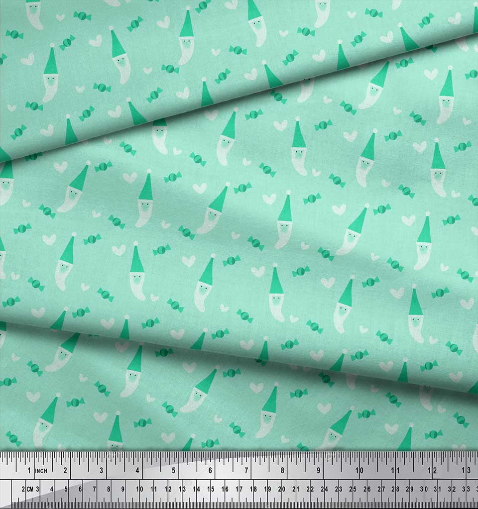 Soimoi Green polyester Crepe Fabric Heart,Candies & Santa Face Christmas Print Fabric by the Yard 52 Inch Wide