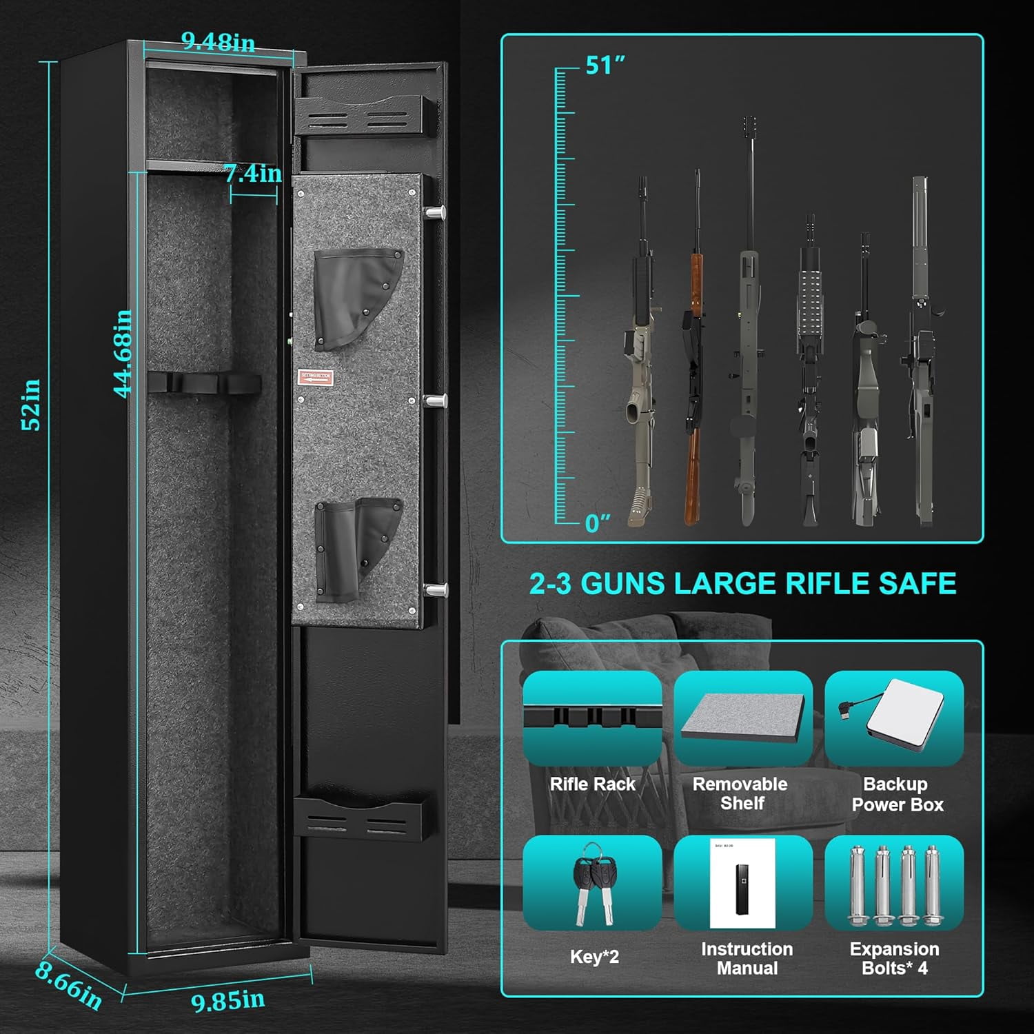 2-3 rifle and pistol safes, 180° quick-access digital gun cabinet (suitable for rifles and shotguns), modular gun cabinet with alarm system and silent mode.