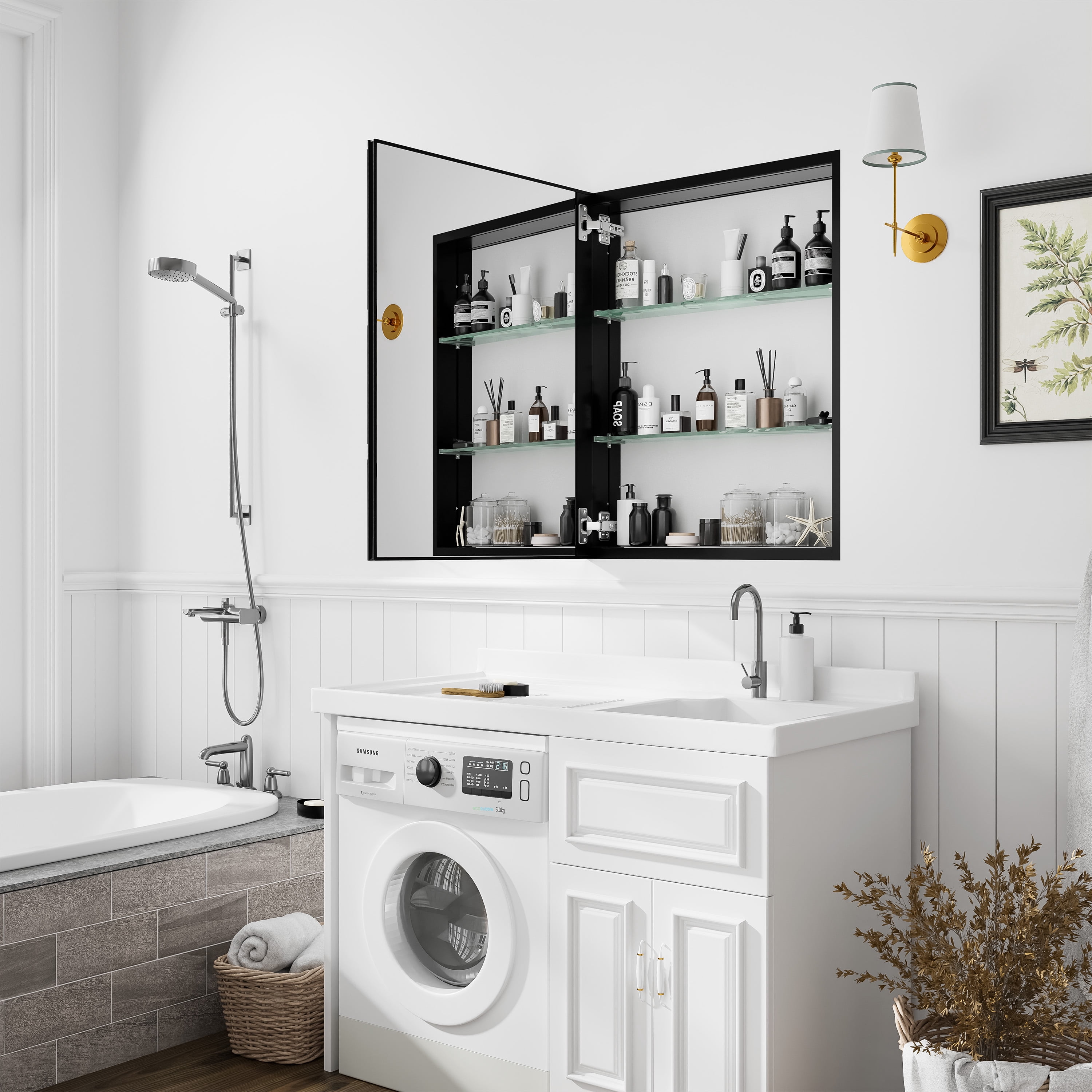 MAYEERTY 11"×8" Model C Black Iron Rectangular Mirror Cabinet Rounded Corners, Bathroom Storage for Bathroom