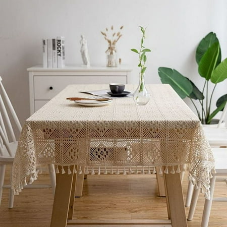 Namzi-b rural crochet tablecloth, table cloth, woven tablecloth, hollowed out tablecloth, piano towel, shooting prop, knitted tablecloth (white tassel, 200 * 140cm)