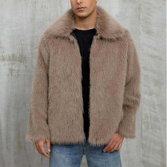 BLTIBY Mens Faux Furry Coat Winter Warm Thicken Fuzzy Lapel Overcoat Solid Color Comfy Outerwear Fashion Jacket Khaki L