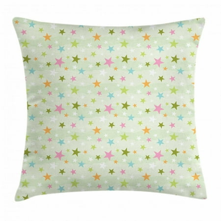 Green Wave - Stars Throw Pillow Cushion Cover, Stylized Colorful Stars on Pale Green Background with Abstract Waves Geometric Design, Decorative Square Accent Pillow Case, 18 X 18 Inches, Multicolor, by Ambesonne