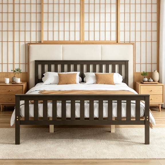 Queen Size Wood Platform Bed Frame, Mid Century Queen Bed Frame with Headboard, Wood Slat Support, Queen Panel Bed, No Box Spring Needed, Easy Assembly, Espresso