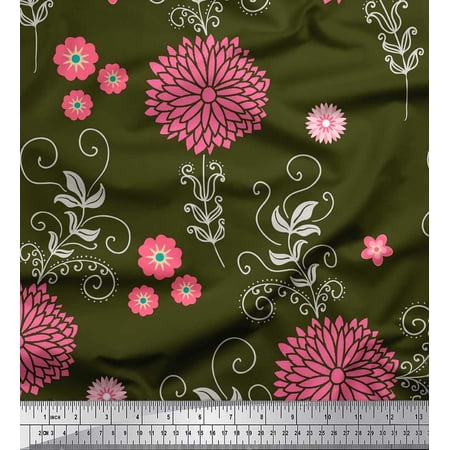Soimoi Poly Georgette Fabric Leaves & Aster Flower Fabric Prints By Yard 42 Inch Wide