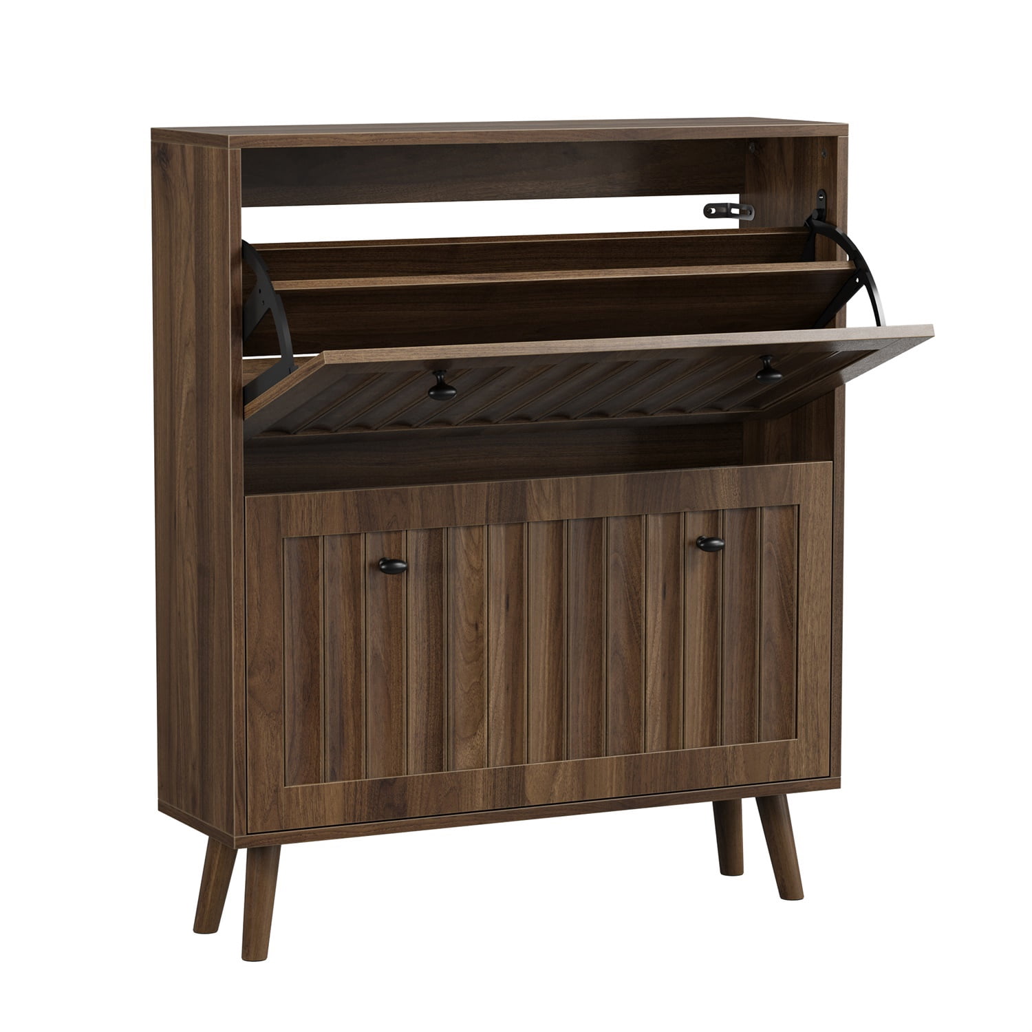 Hommoo Modern 2 Flip Drawers 31.5" Shoe Cabinet with Vertical Grooved Finish and Solid Wood Legs, Storage Shoe Cabinet for Hallways, Walnut