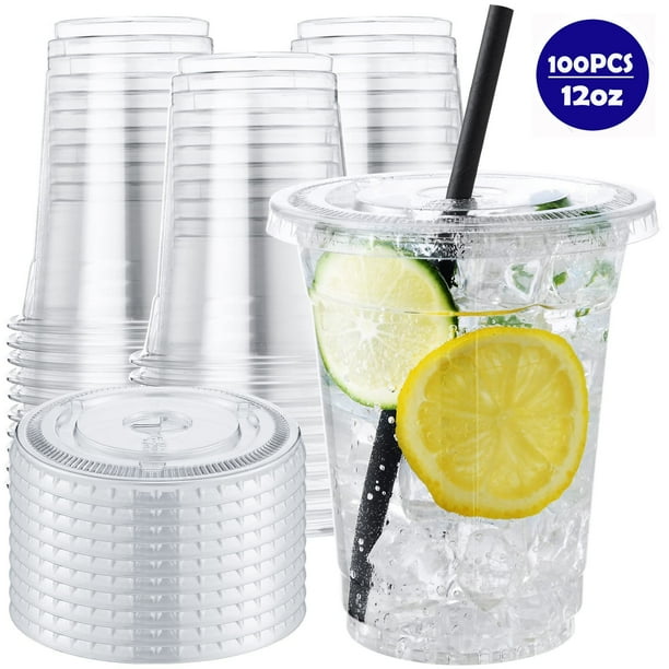 BagDream 100 Sets 12oz Clear Plastic Cups with Lids, Disposable Cups