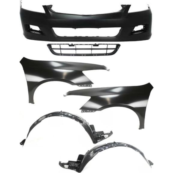 Suitable for Complete Front Bumper Cover Kit for 2006-2007 Honda Accord 4-Door Sedan - Includes Bumper Cover, Grille, Fenders & Fender Liners (6-Piece, Primed)