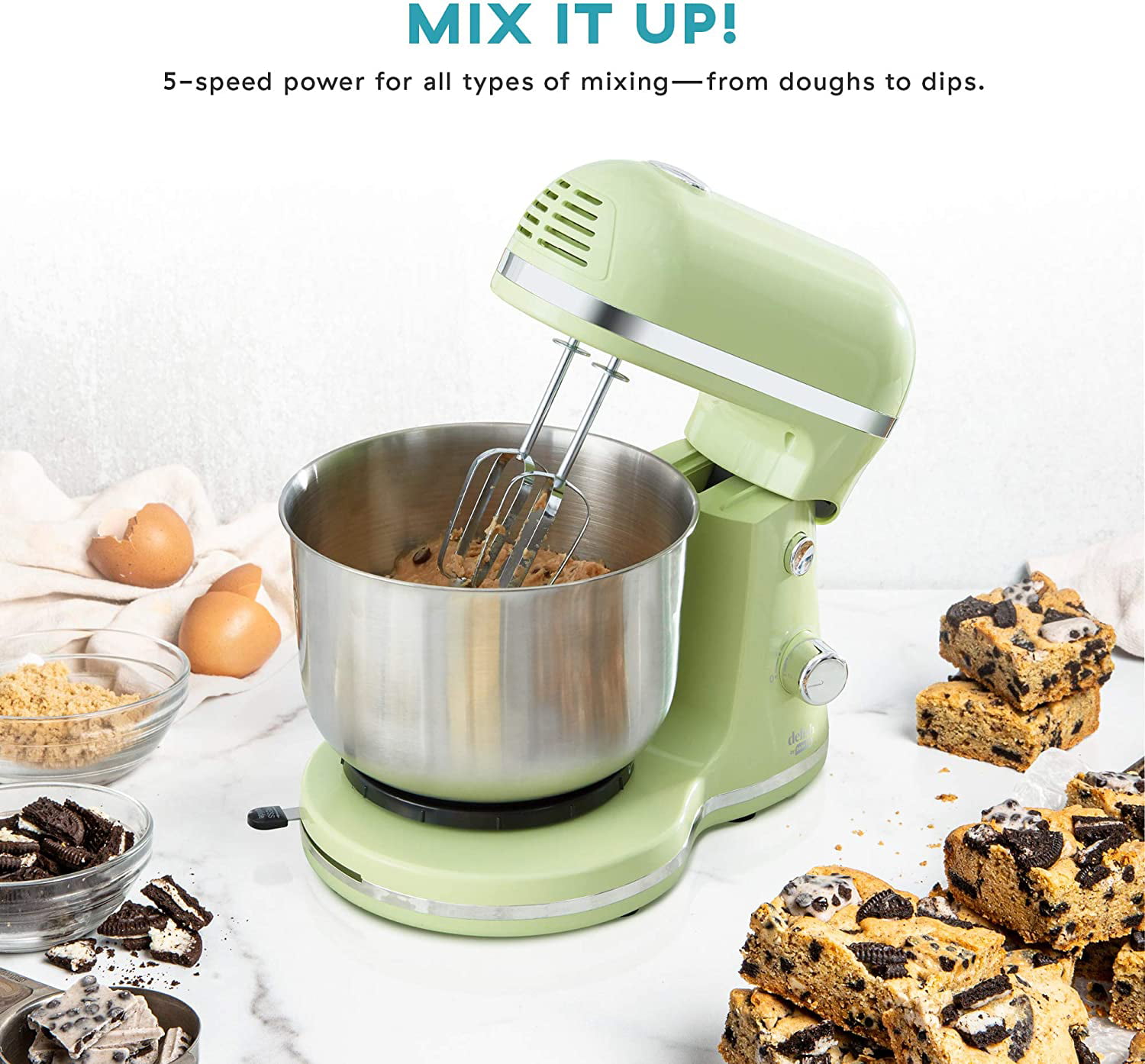 Dash Stand Mixer (Electric Mixer for Everyday Use): 6 Speed Stand Mixer -  Aqua & Stainless Steel Mixing Bowls with Lids, Silicone Non-Slip, 3 Bowl  Set
