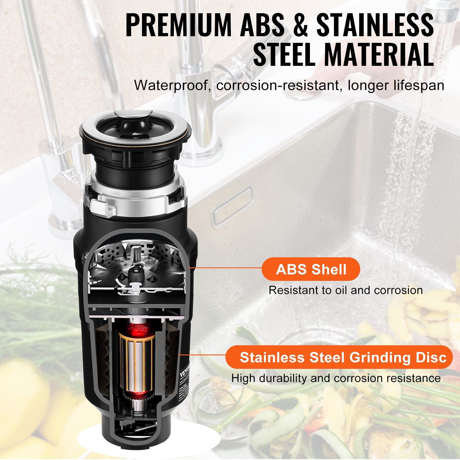 1/2 HP 3450 RPM Continuous Feed Garbage Disposal Food Waste Disposer with EZ Connect Grinding System Power Cord Splash Guard for Kitchen Sinks
