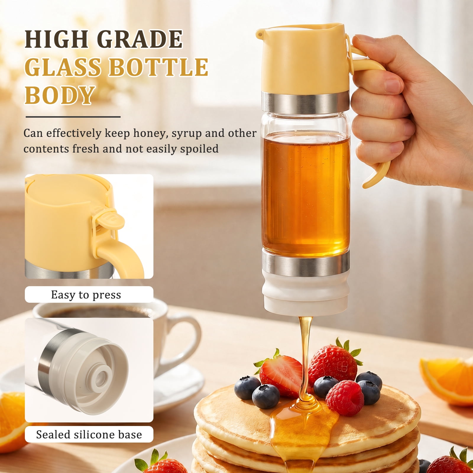 Xdziklosj 12oz No Drip Honey Dispenser with Handle Glass Honey Jar Syrup Dispenser for Coffee or Tea Honey Dispensers