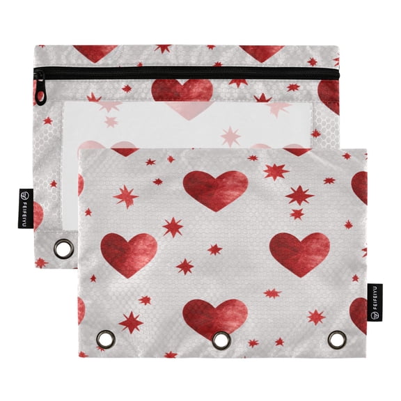 2 Pack 3 Ring Binder Pouch with Clear PVC Window Water Resistant Zipper Pencil Pouch Simple Red Heart Pattern Binder Pocket for Classroom Office Home Stationery Organization