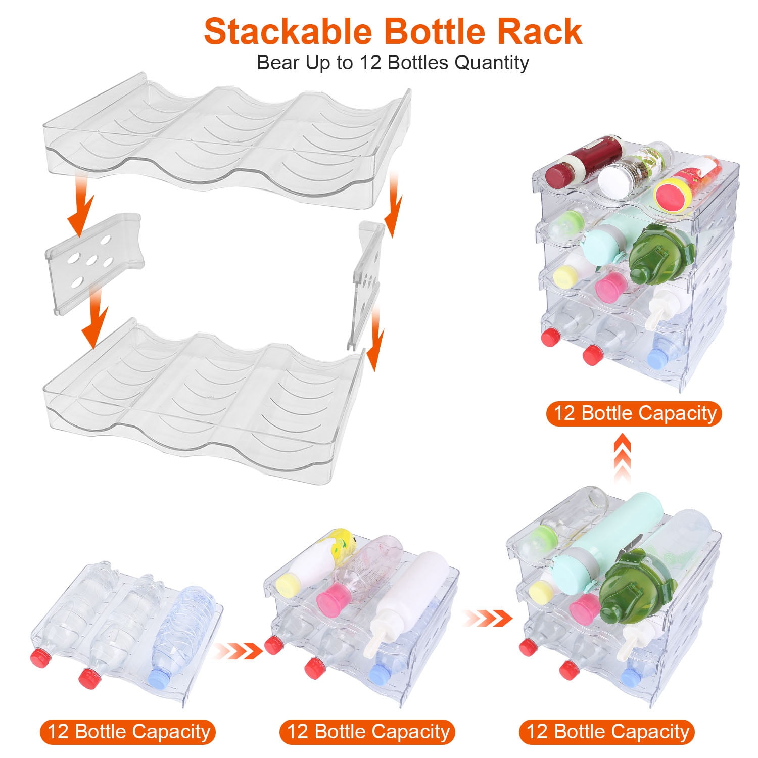 12 Bottle Plastic Bottle Storage Holder,  Free-Standing Water Bottle/Wine and Drink Organizer Shelf for Kitchen Cabinet, Fridge, Countertop, Pantry, Freezer, Clear
