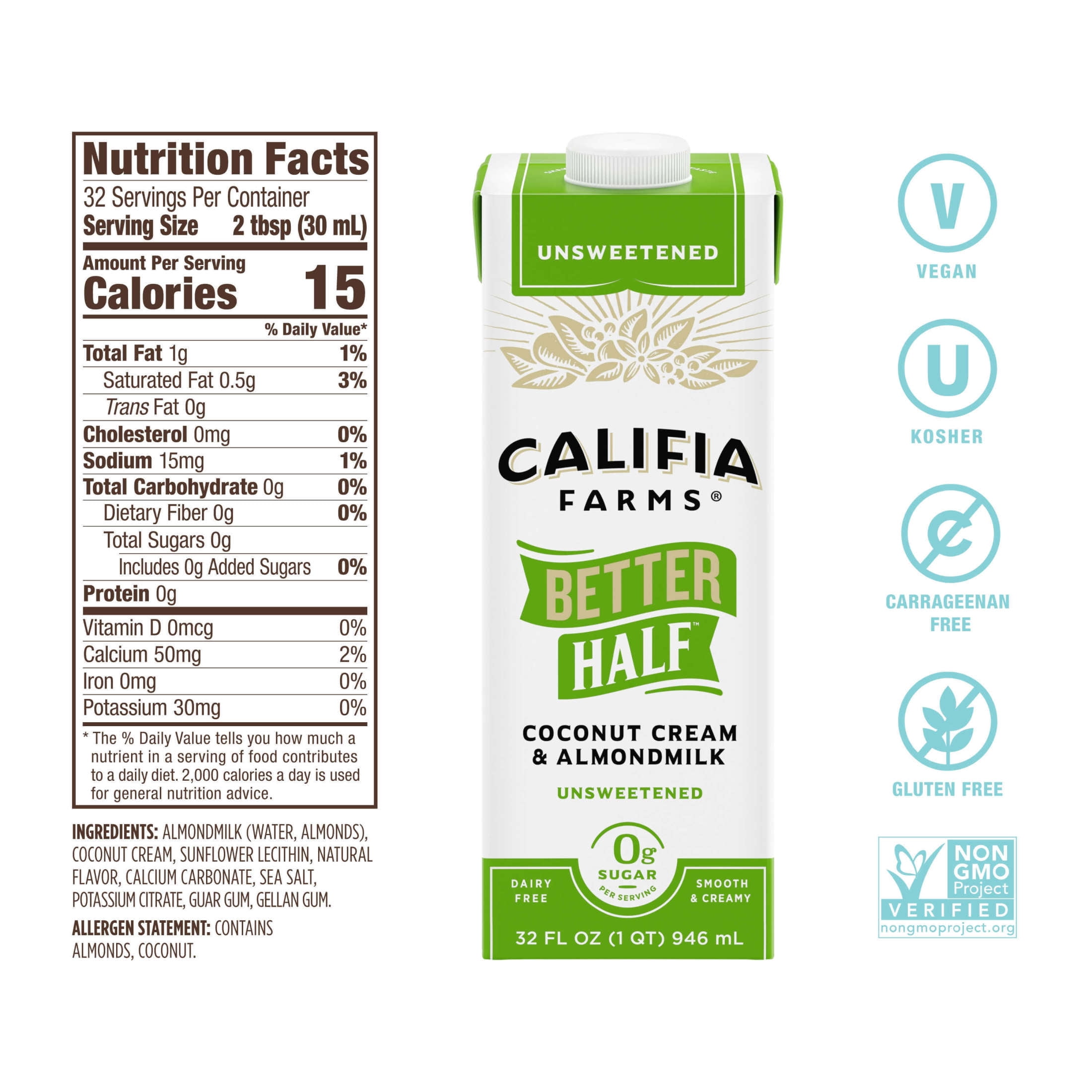 Califia Farms Unsweetened Better Half Almond Milk Half and Half 32 Fluid Ounces