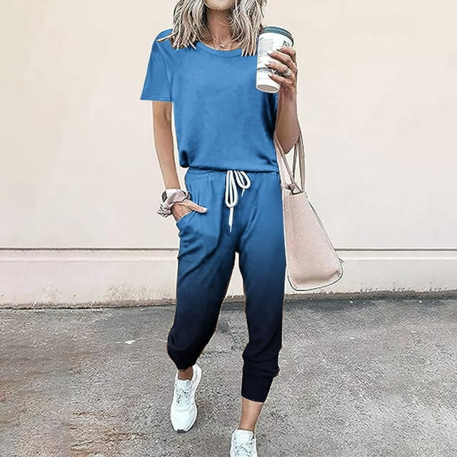 BRGZLK Womens 2 Piece Outfits 2025 Summer Gradient Tracksuit Sets Round Neck Short Sleeve Tops Drawstring Long Pants Jogger Lounge Set with Pockets Blue L