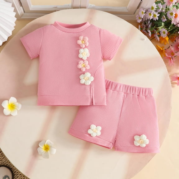 Amidoa Girls Summer 2 Piece Outfits Solid Color Cute Short Sleeve and Casual Shorts Kids Clothing Set Pink Size 18-24 Months