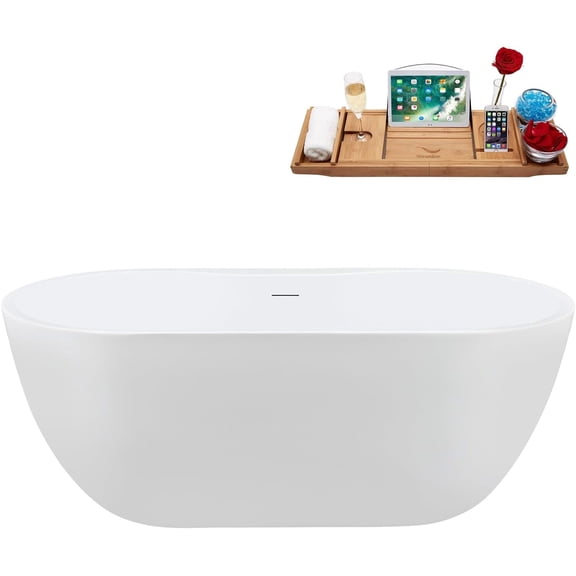 Streamline 61" Freestanding Soaking Bathtub – Glossy White Acrylic Tub with Matte Oil Rubbed Bronze Internal Drain and Bamboo Tray – Modern Design – 50 Gallon Capacity