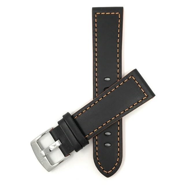 Leather Watch Strap Band, Racer, 22mm Black with Colored Stitching, Stainless Steel Buckle