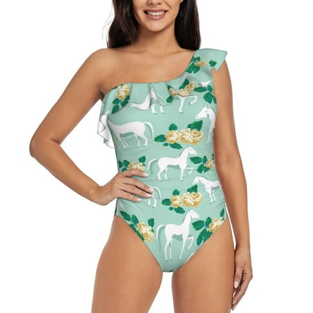 Salouo Horse And Flower Pattern One Shoulder Ruffled One Piece Swimsuit for Women V Neck Swimwear Tummy Control Bathing Suit-Small