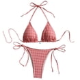 thumbnail image 2 of PWPSG Gingham Textured Halter Triangle Bikini Two Piece Swimsuit with Tie Side High Cut Leg Bottom Red S, 2 of 7