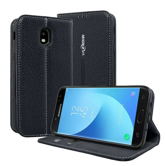 GoldCherry Galaxy J3 Wallet case,PU leather magnetic buckle case with Kickstand And ID credit card pocket for Samsung Galaxy J3 2018(Black)