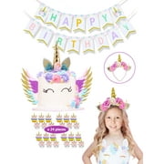 LaRibbons Unicorn Cake Topper Decor,Headband,Cupcake Wrappers and Happy Birthday Banner Unicorn Birthday Party Set Baby Shower Decoration