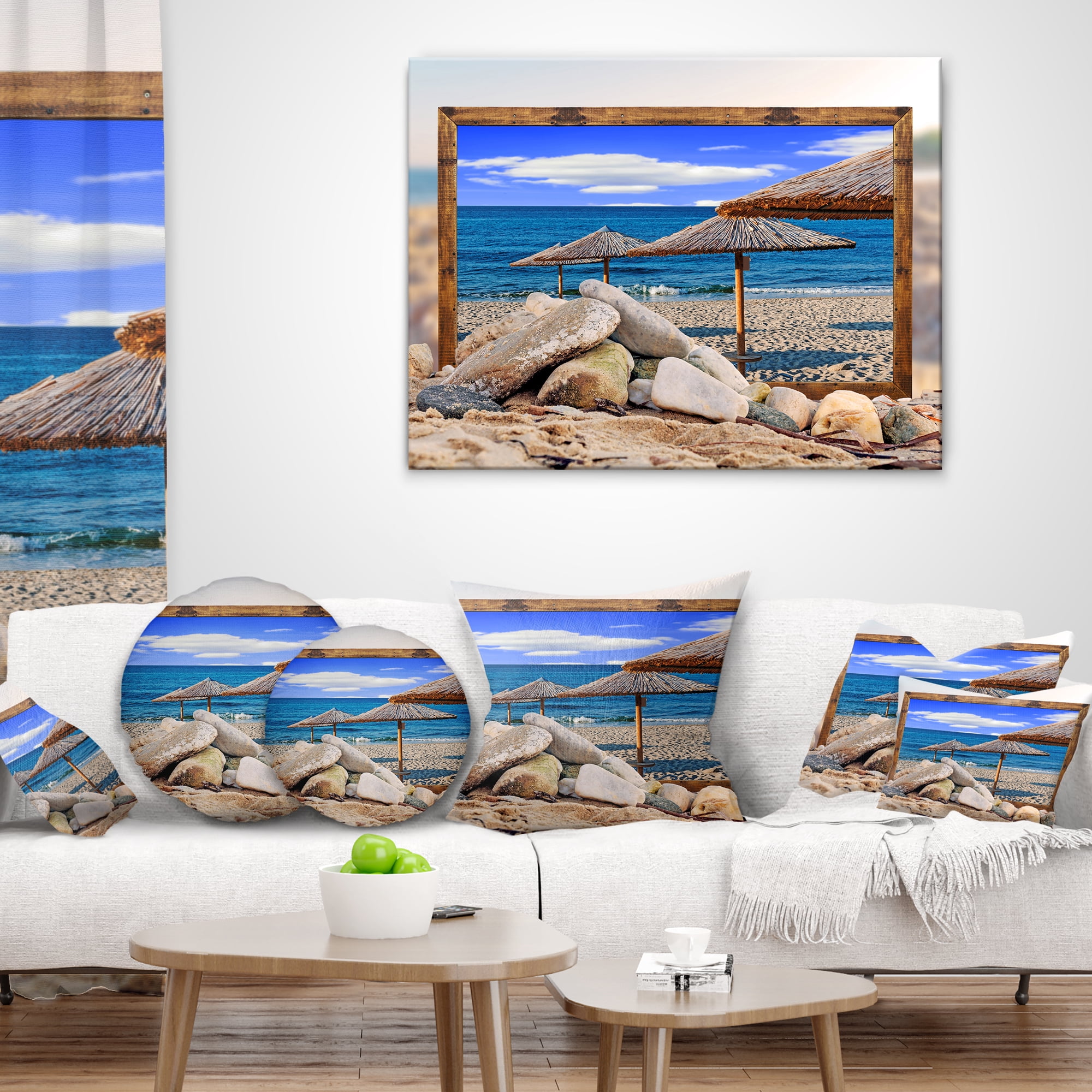 Designart Framed Effect Beach Umbrellas - Seashore Throw Pillow - 18x18