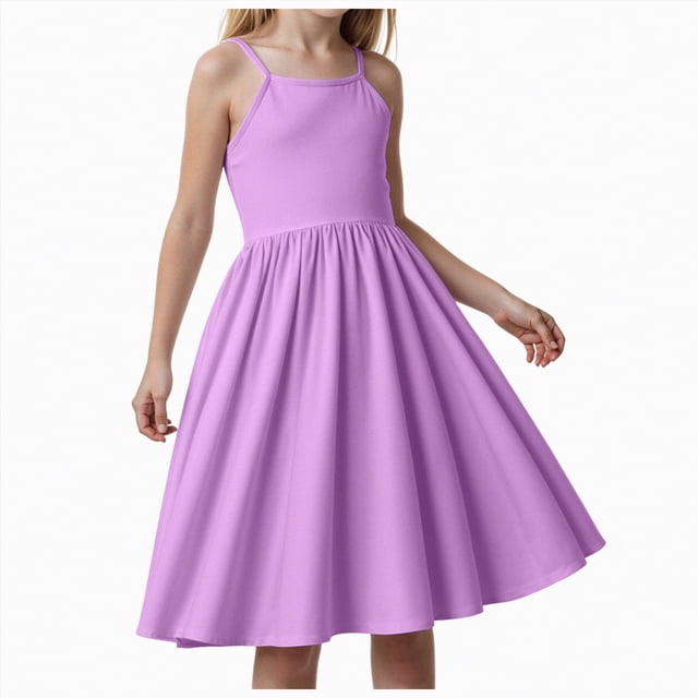 Gubotare Robes Fille Robe Fille Ado Froncée à Étages à Volants Évasée Fluide à Bretelles Été Robes Préado Taille 12-13 (Violet,12-13 Ans)