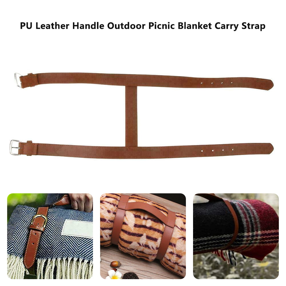 Durable Adjustable PU Leather Strap Travel Picnic Blanket Carrier 