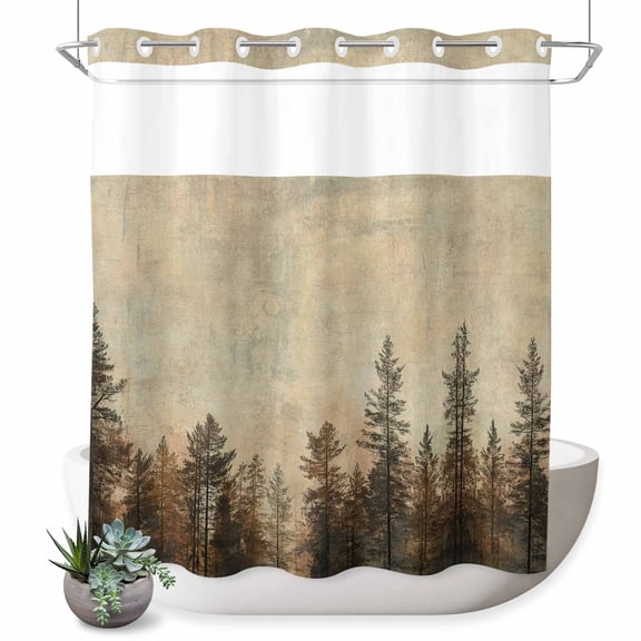 No Hook Shower Curtain, Brown Forest Shower Curtains for Bathroom with See Through Top Window, Vintage Tree Farmhouse Botanical Waterproof & Washable Bath Curtain Long 72"x78"