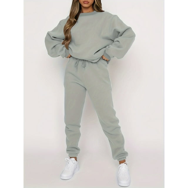 Solid Two-piece Set Long Sleeve Tops & Drawstring Jogger Pants Women's Clothing