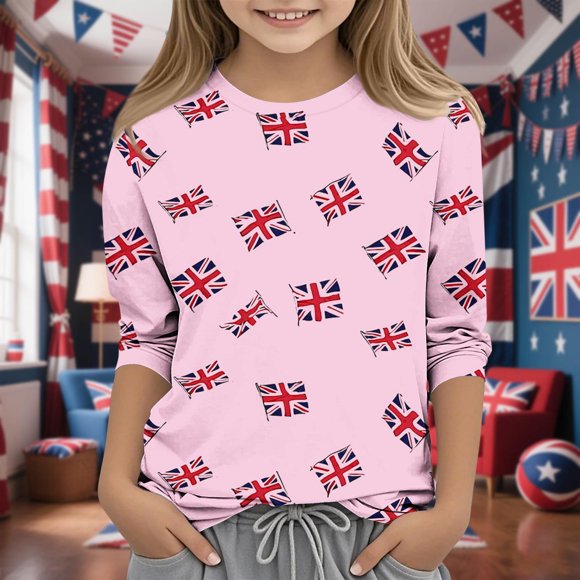 MKOSPLRT Boys Girls British Flag Shirts 3/4 Sleeve Lounge Tshirts Crew Neck Summer Tops Funny Holiday Graphic Tees 3-12 Years