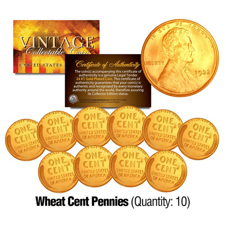 - (Lot of 10) 1930's Geninue Lincoln Head WHEAT Cent Pennies Coins 24K GOLD PLATED