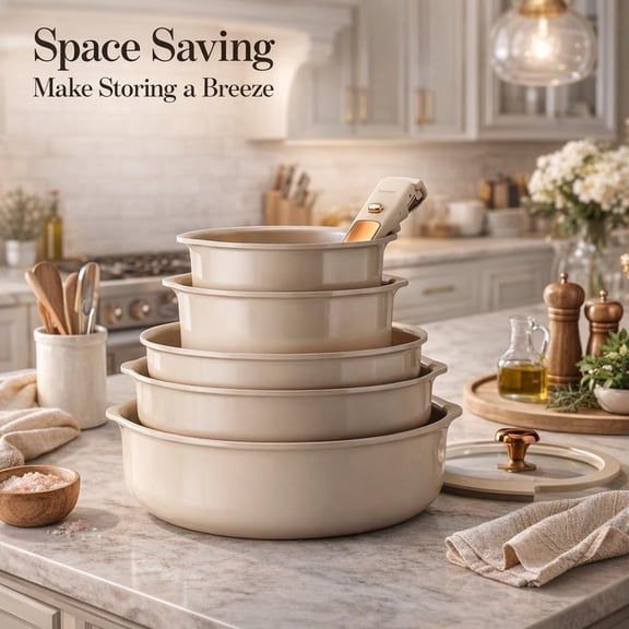 18-Piece Ceramic Cookware Set with Detachable Handles Non-Stick Pots and Pans for Induction Gas Electric Stovetops