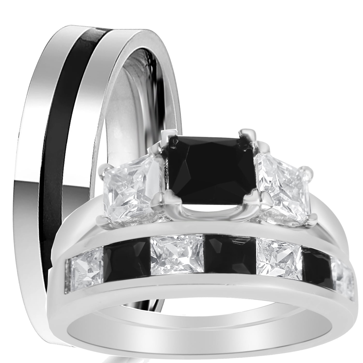 His Hers Sterling Black Simulated Diamond CZ Bridal Wedding Band Engagement Ring Set Him Her