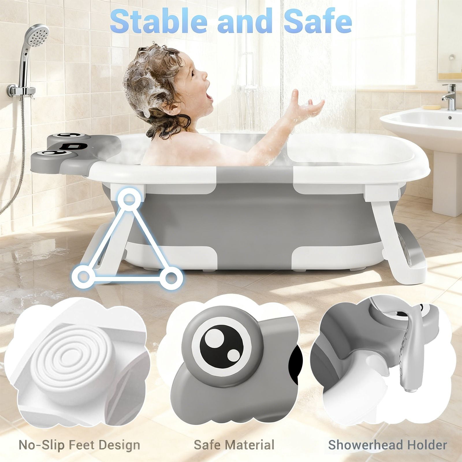 stusgo Collapsible Baby Bathtub, Plastic Frog Baby Bath Tub with Soft Cushion & Thermometer（Grey）