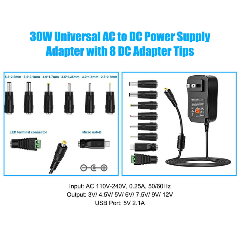 30W Universal AC to DC Power Supply Adapter with 5V 2.1A USB Port, AC  Plug-in Power 3V to Adjustable Output Voltage with 8 DC Adapter Tips for  Household Electronics 