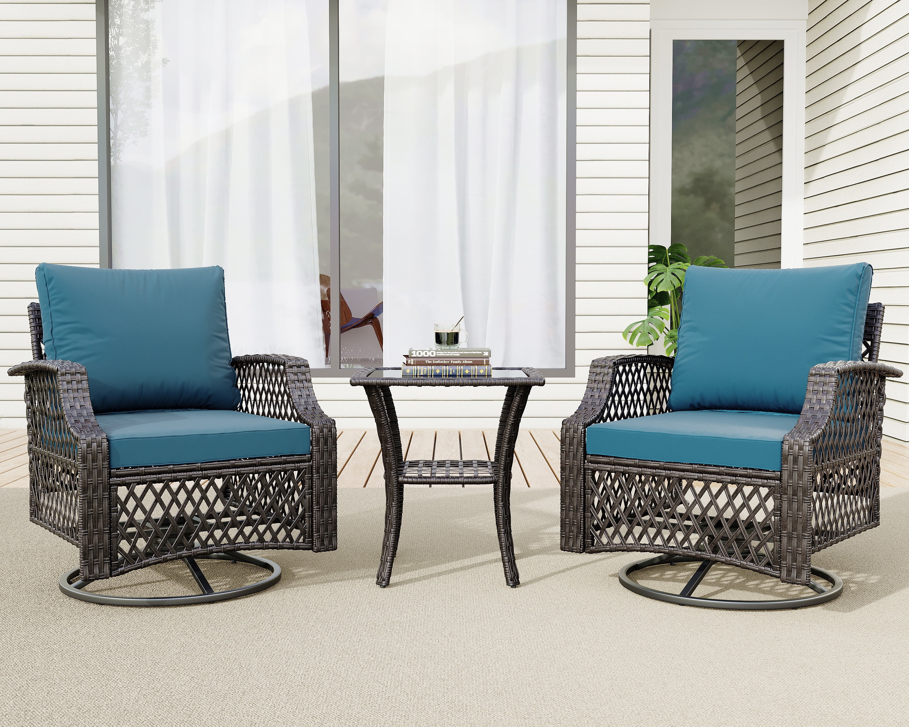 Vicluke 3 Piece Outdoor Swivel Chair Set, Wicker Patio Bistro Set with Thickened 25D Cushions and Glass Coffee Table, Patio Furniture Conversation Set for Deck, Yard, Garden, Poolside(Turquoise)